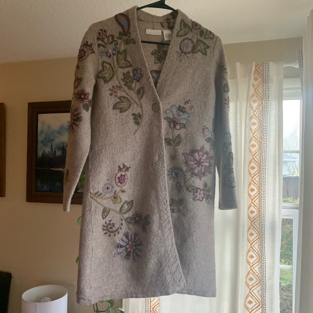 Embroidered wool long cardigan sweater by Tweeds
